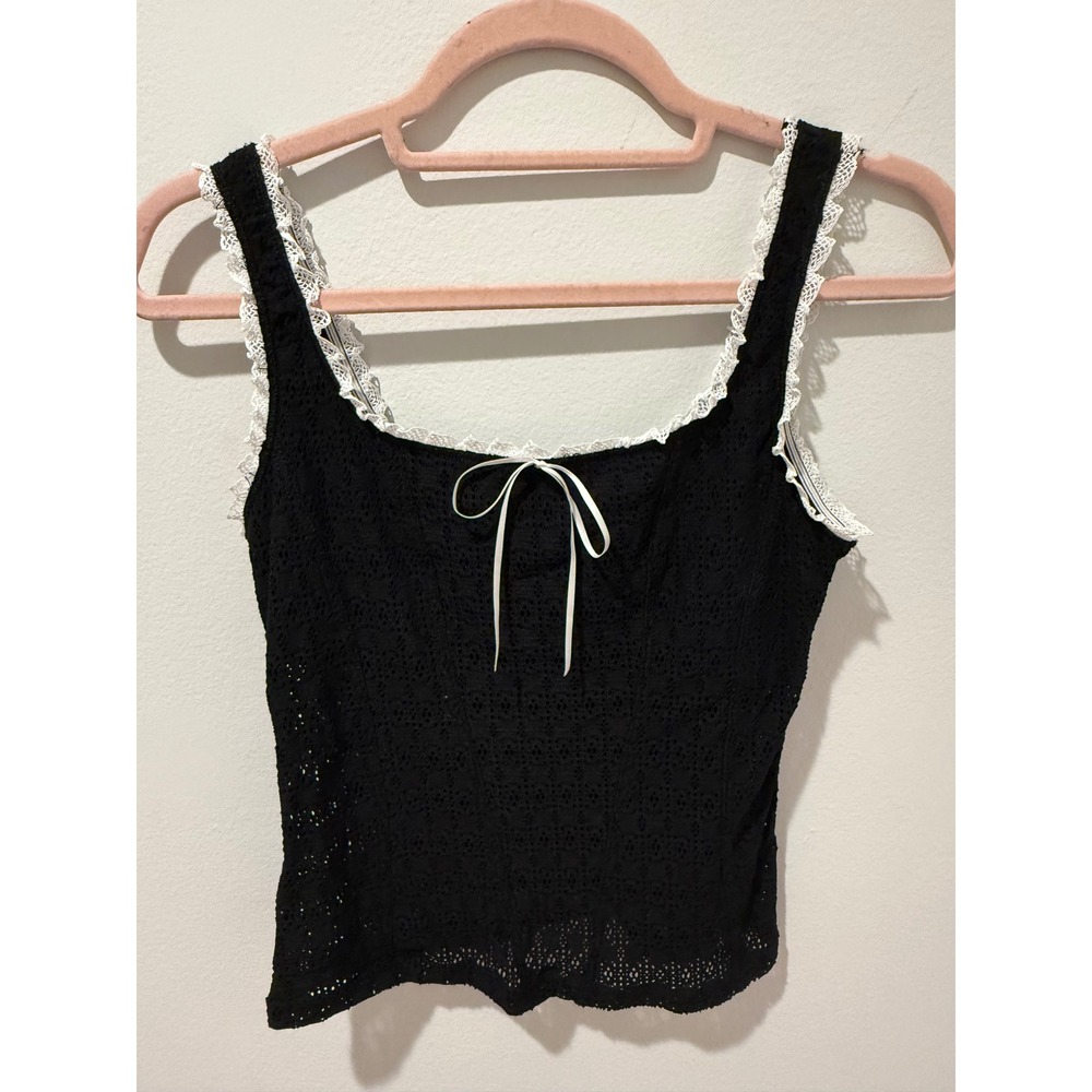 Vintage Arianne Black Lace Trim Pointelle Knit Bow Cami Top M